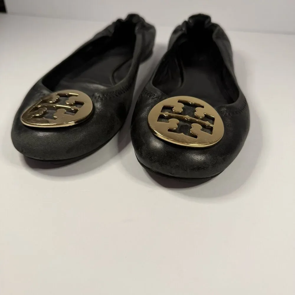 Tory Burch Leather Reva Ballet Flats Shoes Women 6.5 Black Gold Logo